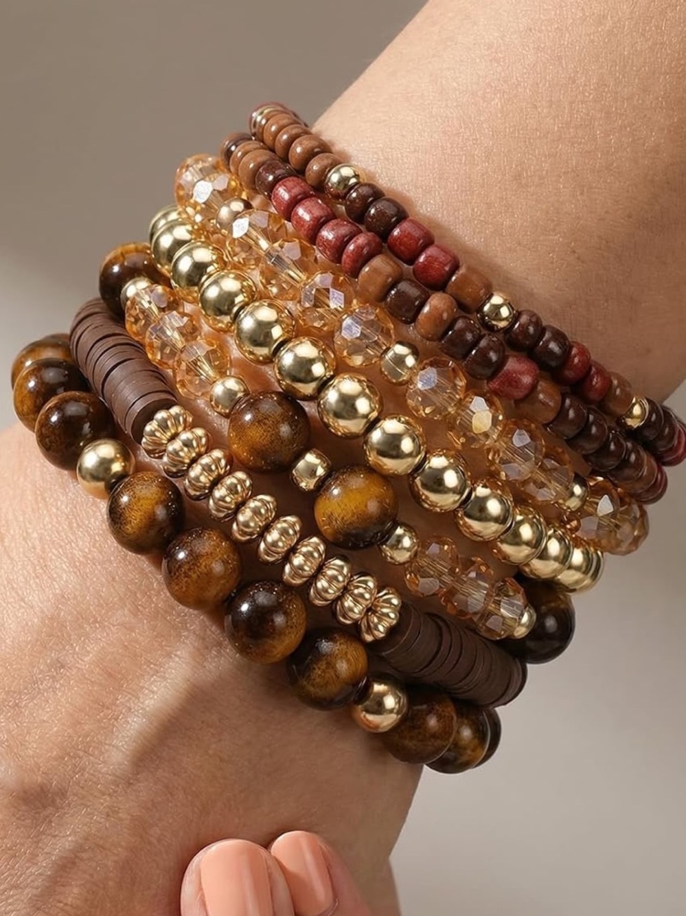 Anthropologie Layered Brown, Gold & Amber Color Bead Bracelet Set